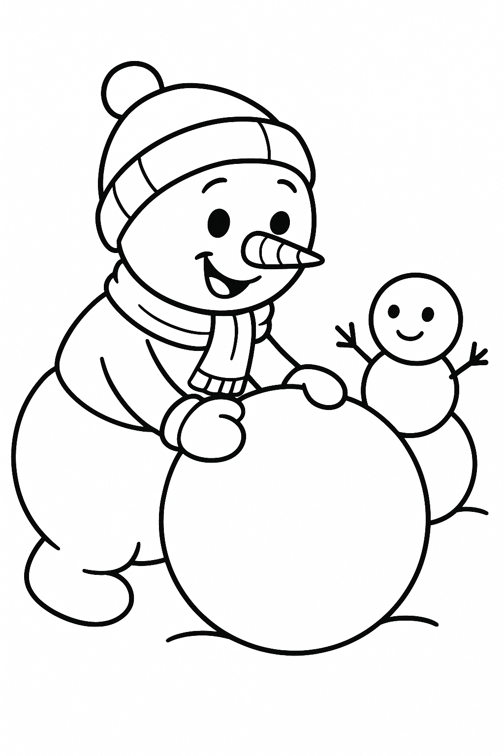 A playful snowman rolling a big snowball, pretending to build a smaller snowman friend next to him.