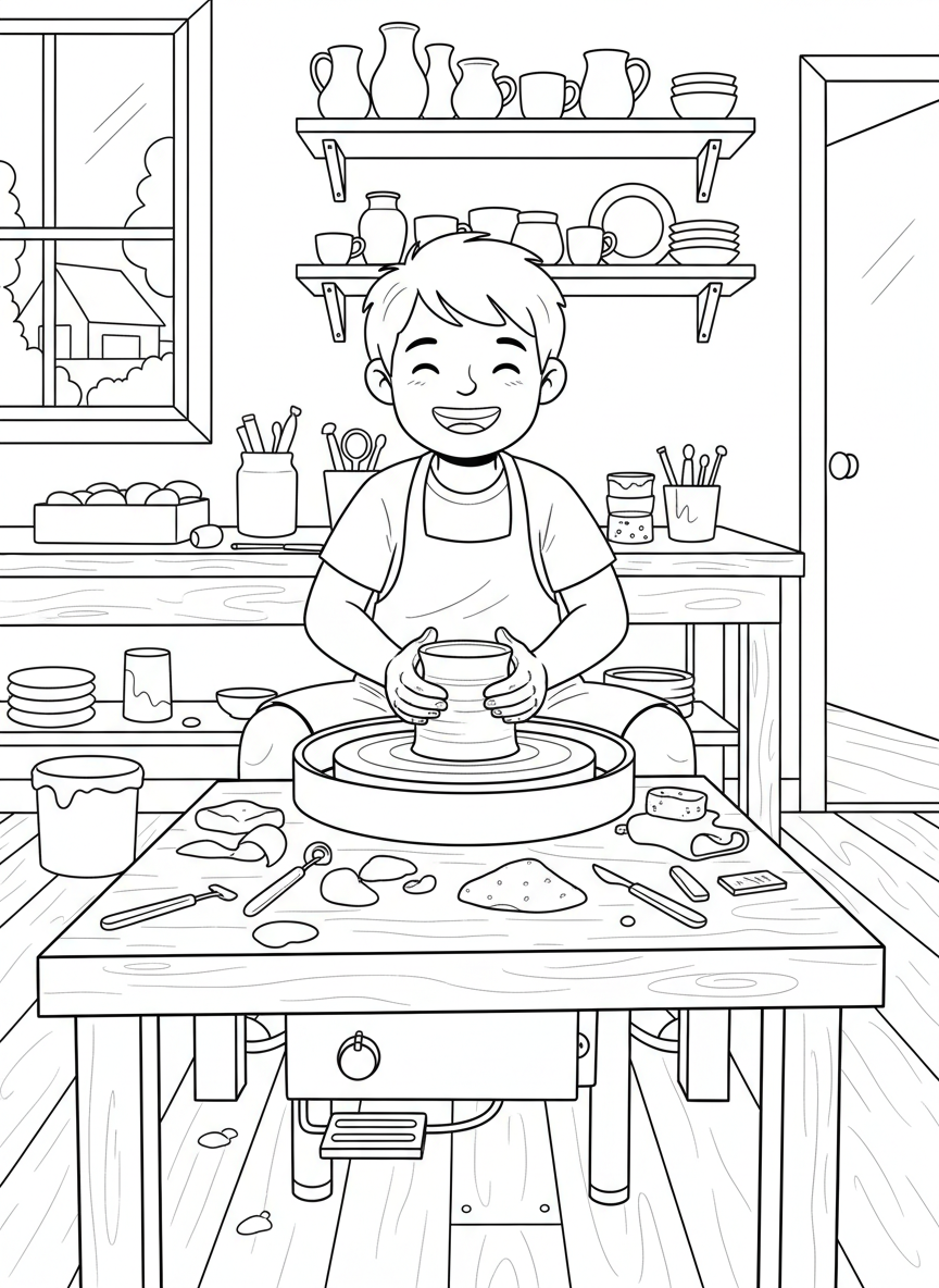 A smiling child sitting at a pottery wheel shaping a clay bowl, with clay tools scattered on the table nearby.