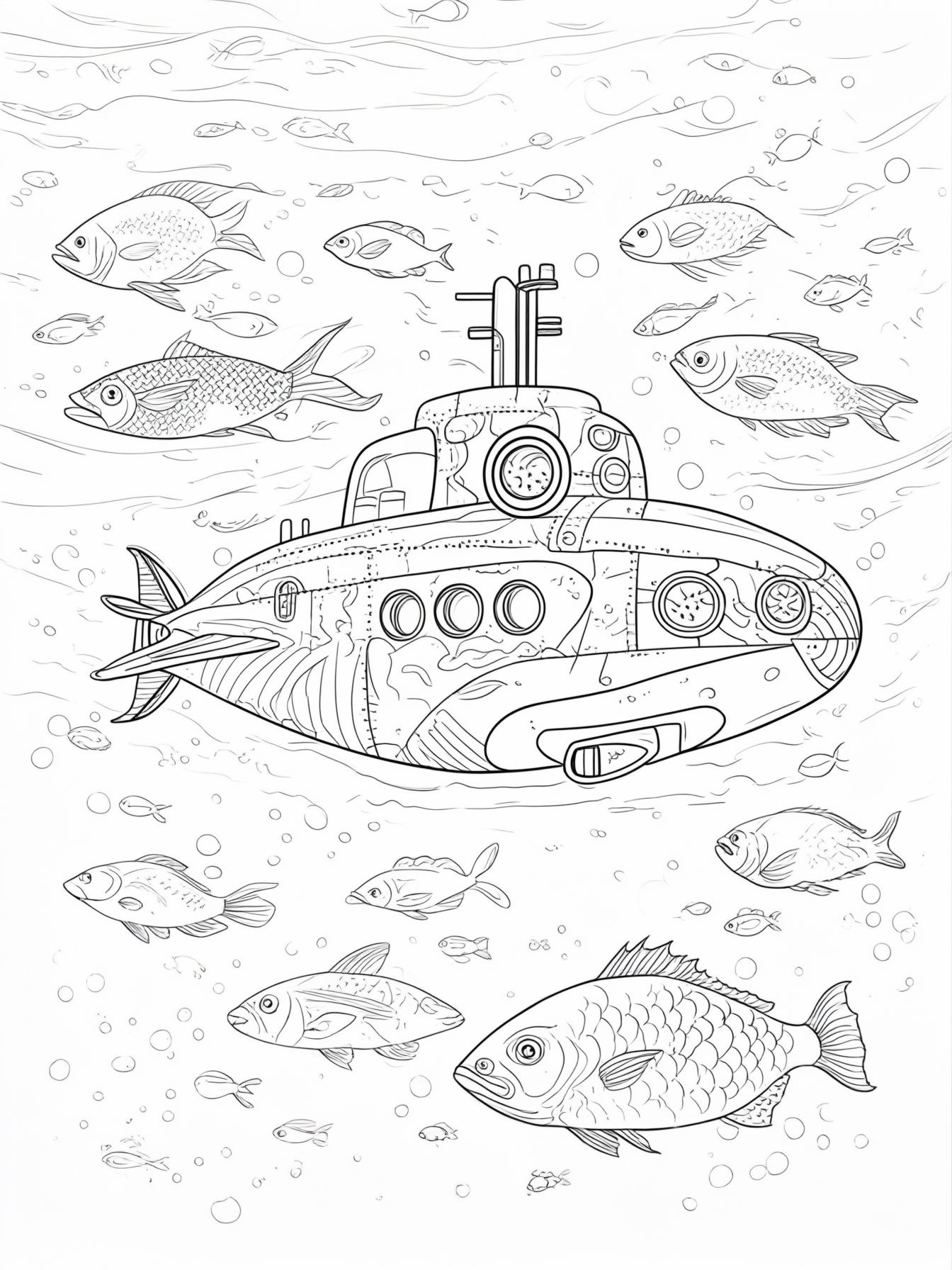 A submarine cruising underwater, schools of fish all around