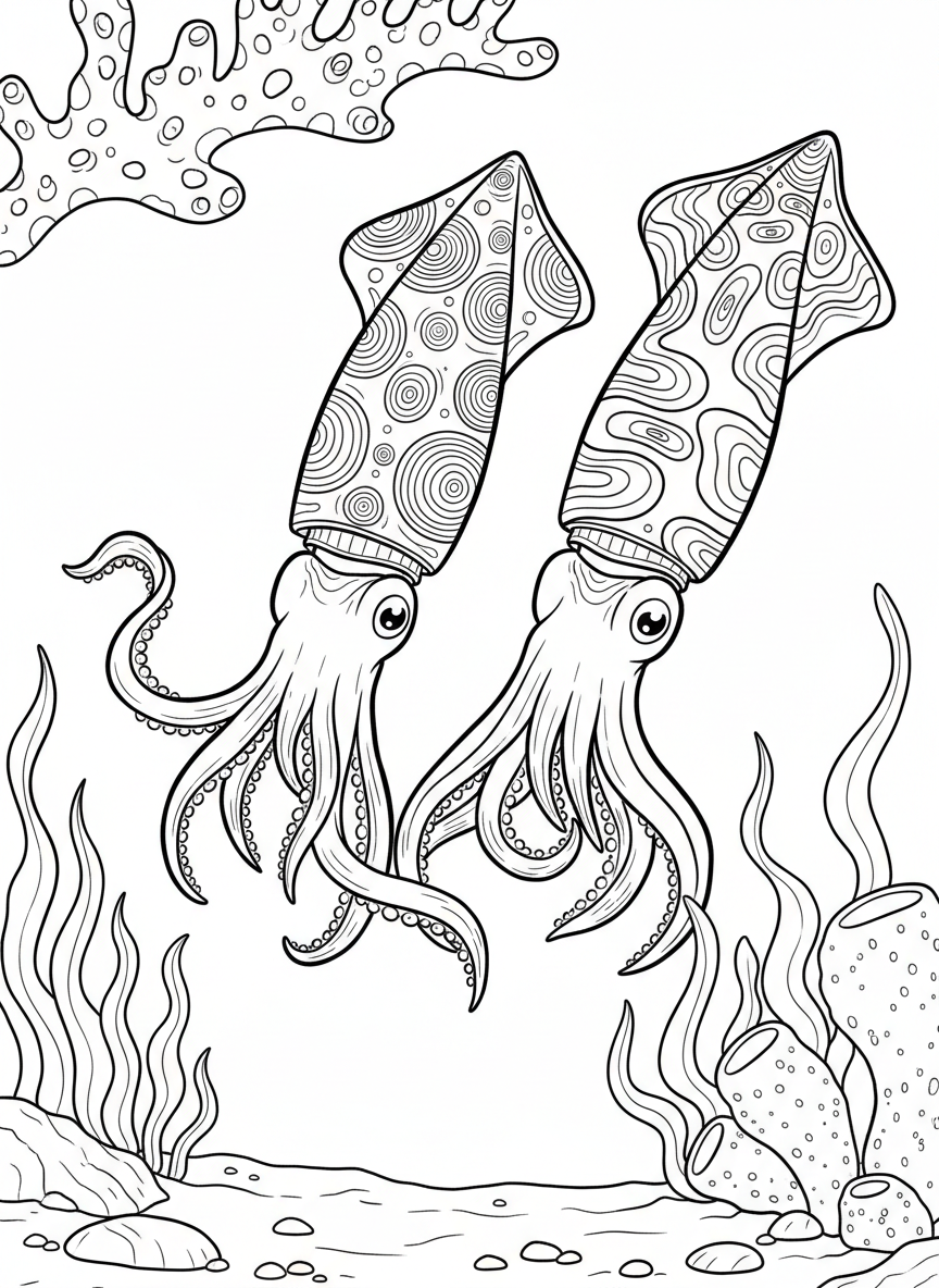 Two squid communicating with each other using their color-changing abilities, facing each other in open water