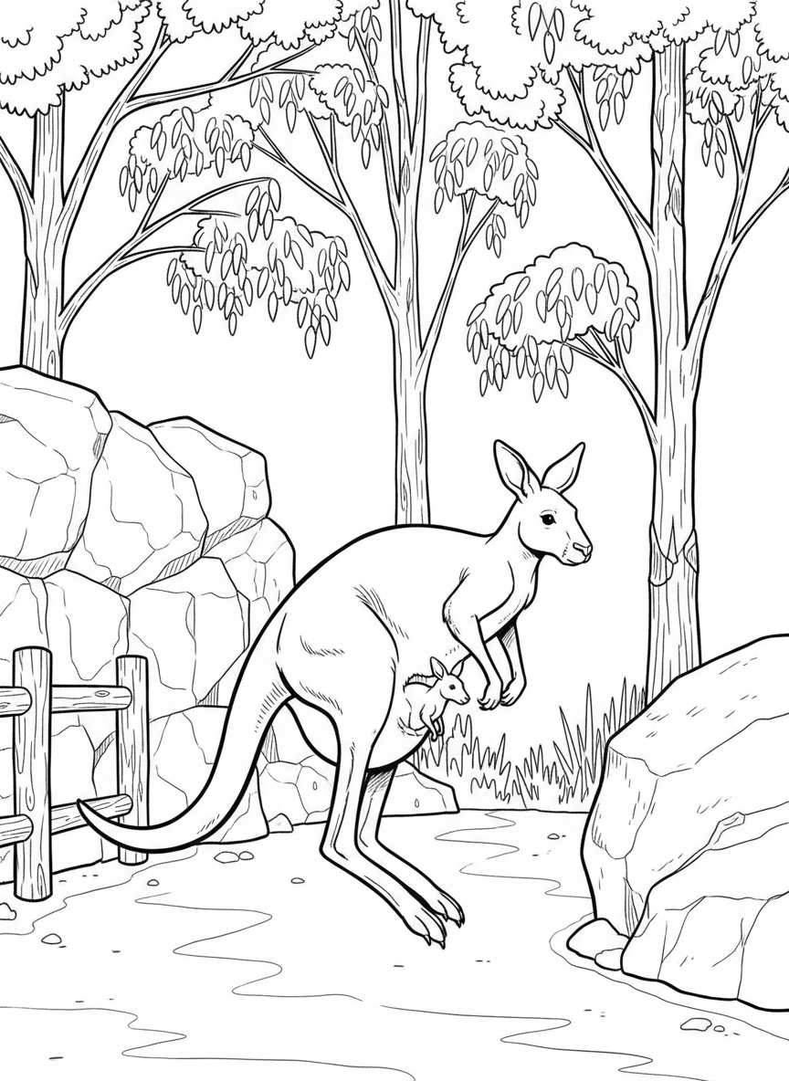 A kangaroo with a joey in its pouch hopping through the Australia exhibit at the Columbus Zoo with eucalyptus trees