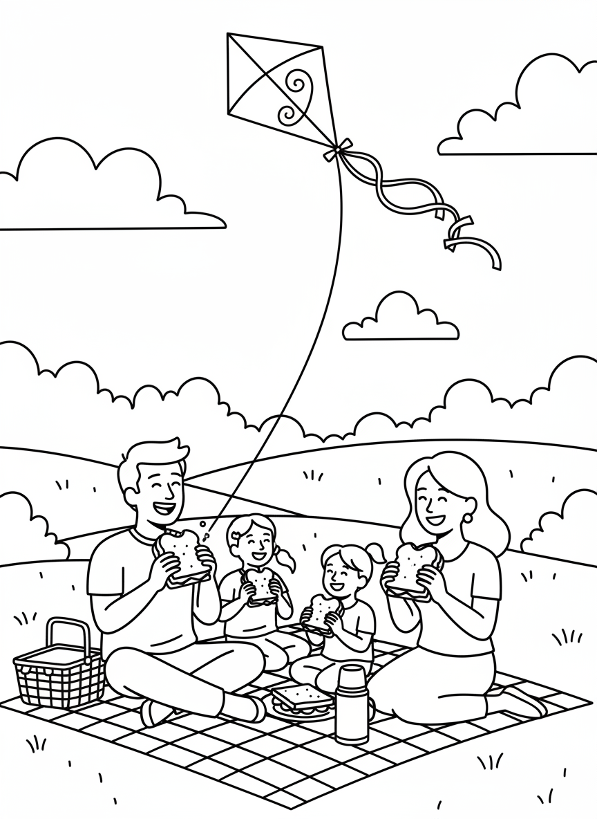 A family of four sitting on a checkered blanket eating sandwiches, with a kite flying in the sky above them.