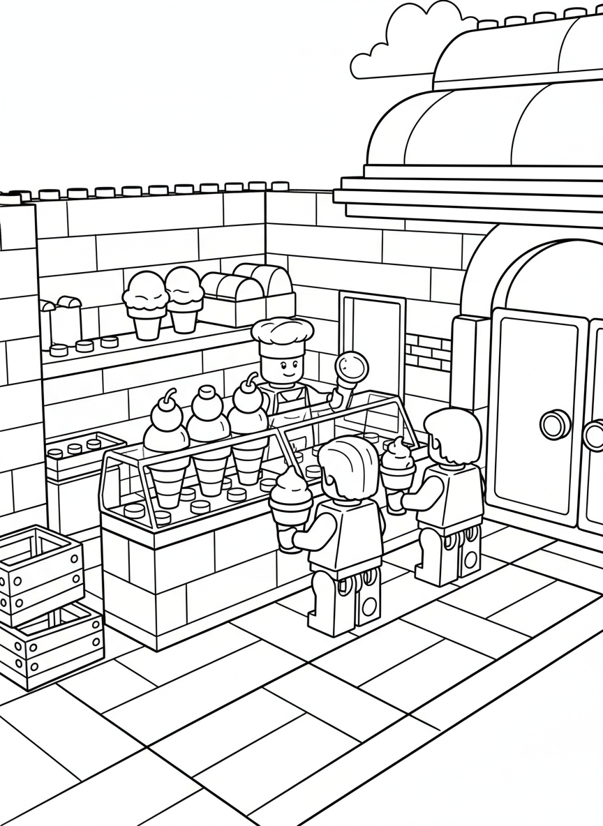 A toy brick ice cream shop with a counter, treats on display, and a shopkeeper minifigure serving customers.