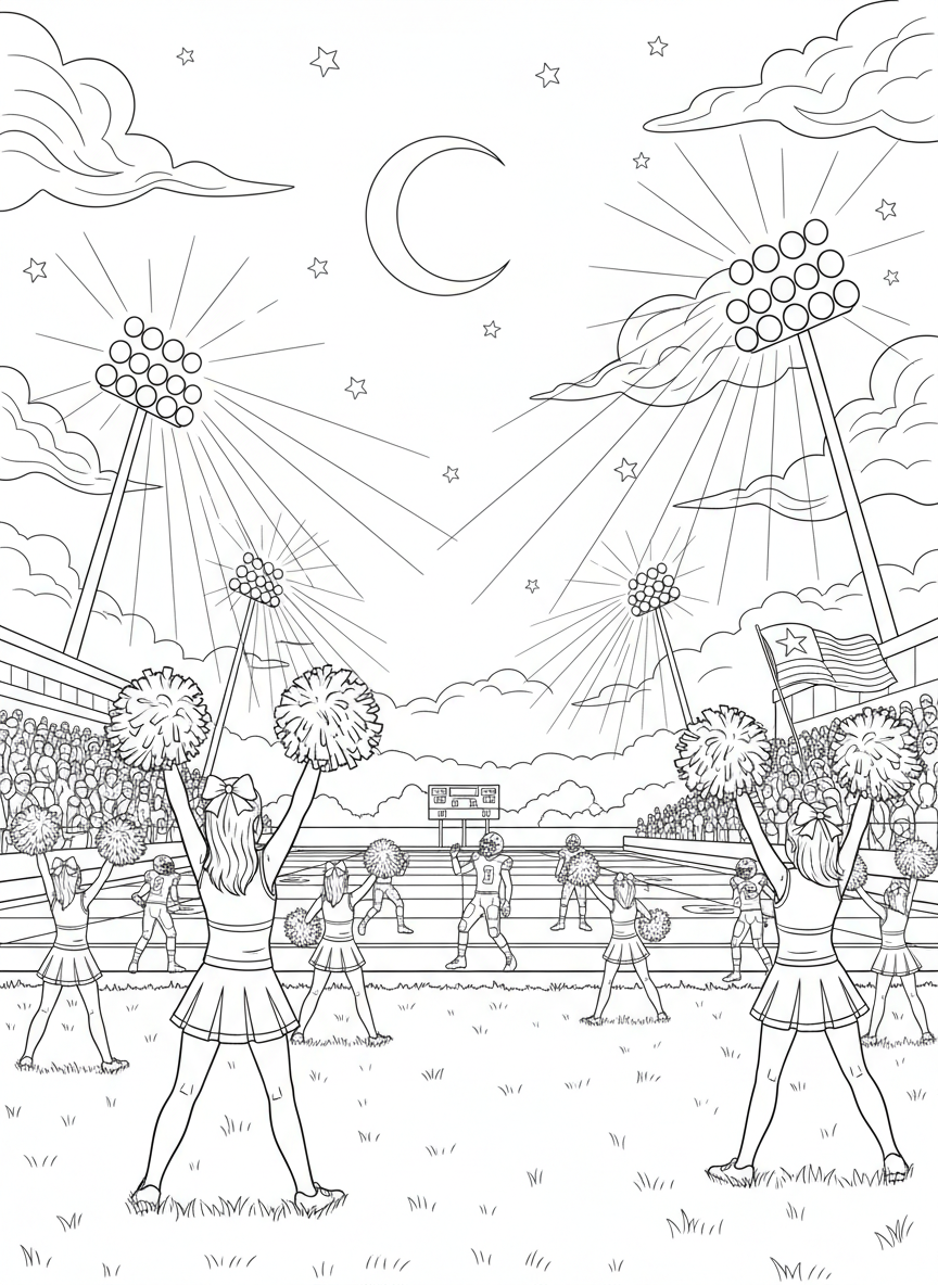 Friday Night Lights coloring page prompts capturing high school football atmosphere, community pride, and glowing stadium scenes.	Cheerleaders performing along the sidelines, pom-poms raised high as school spirit surges.