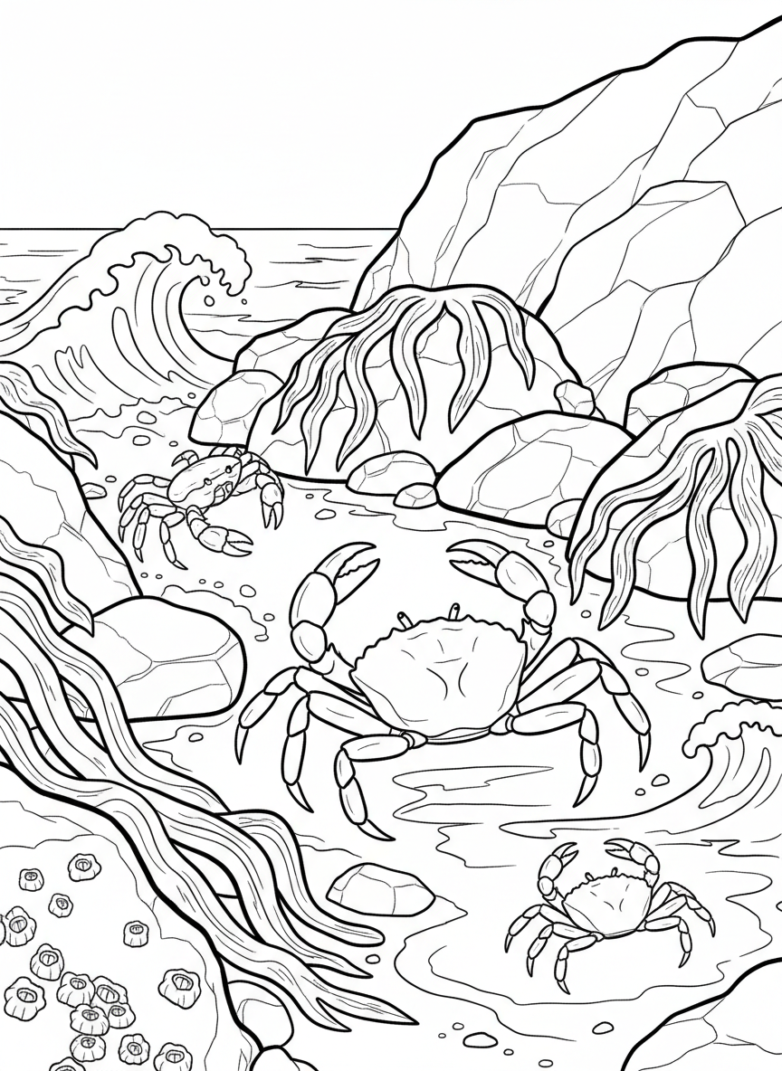 A group of three different-sized crabs exploring a rocky shore, with seaweed draped over stones and small waves in the distance