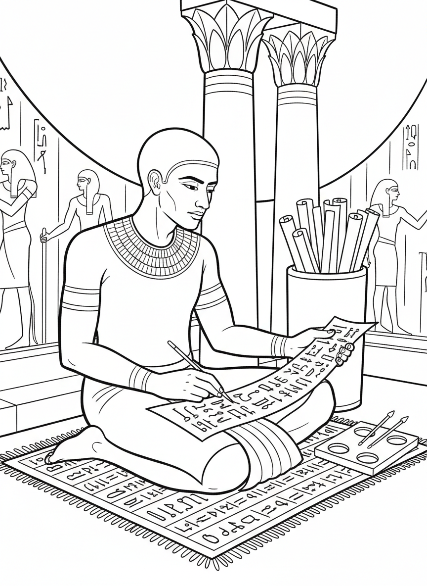 An Egyptian scribe sitting cross-legged with papyrus scrolls and writing tools, carefully recording information with hieroglyphic symbols.