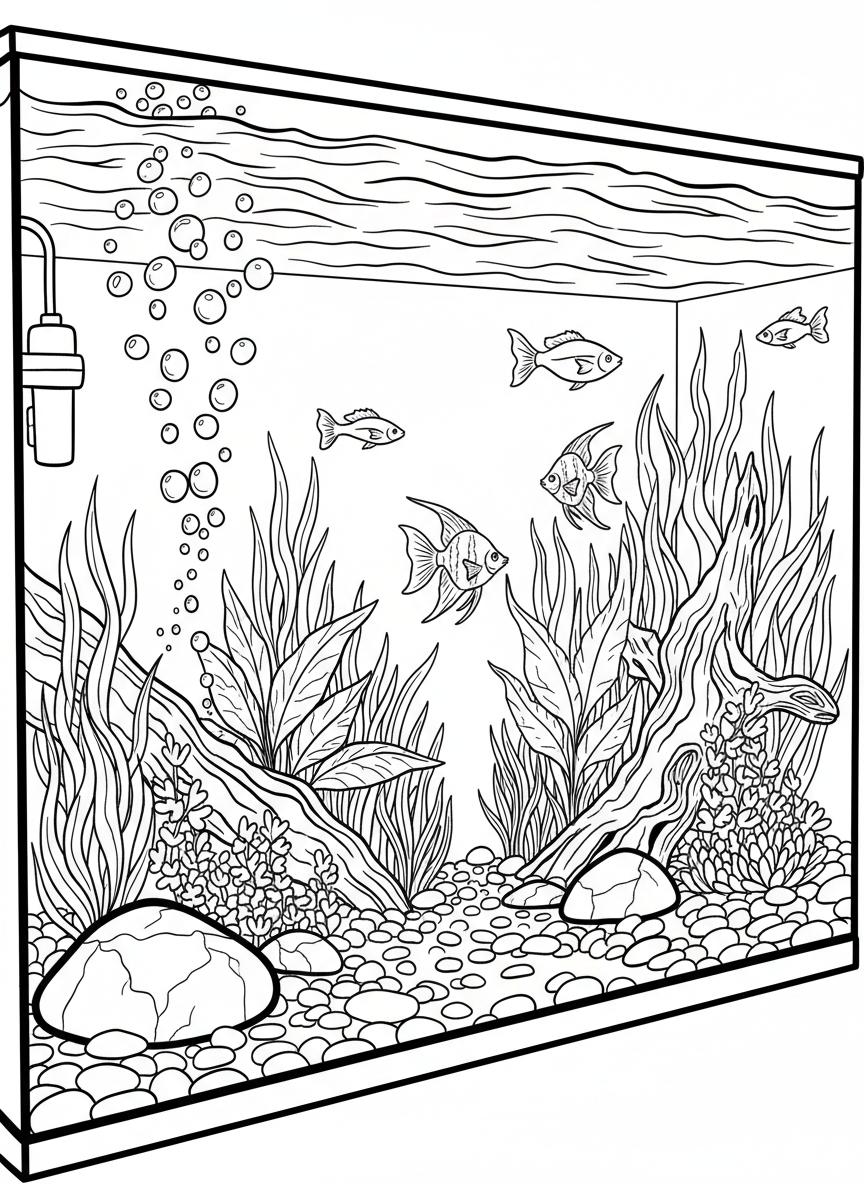 A large aquarium tank view with gravel bottom, air pump bubbles, and various plants creating an underwater garden