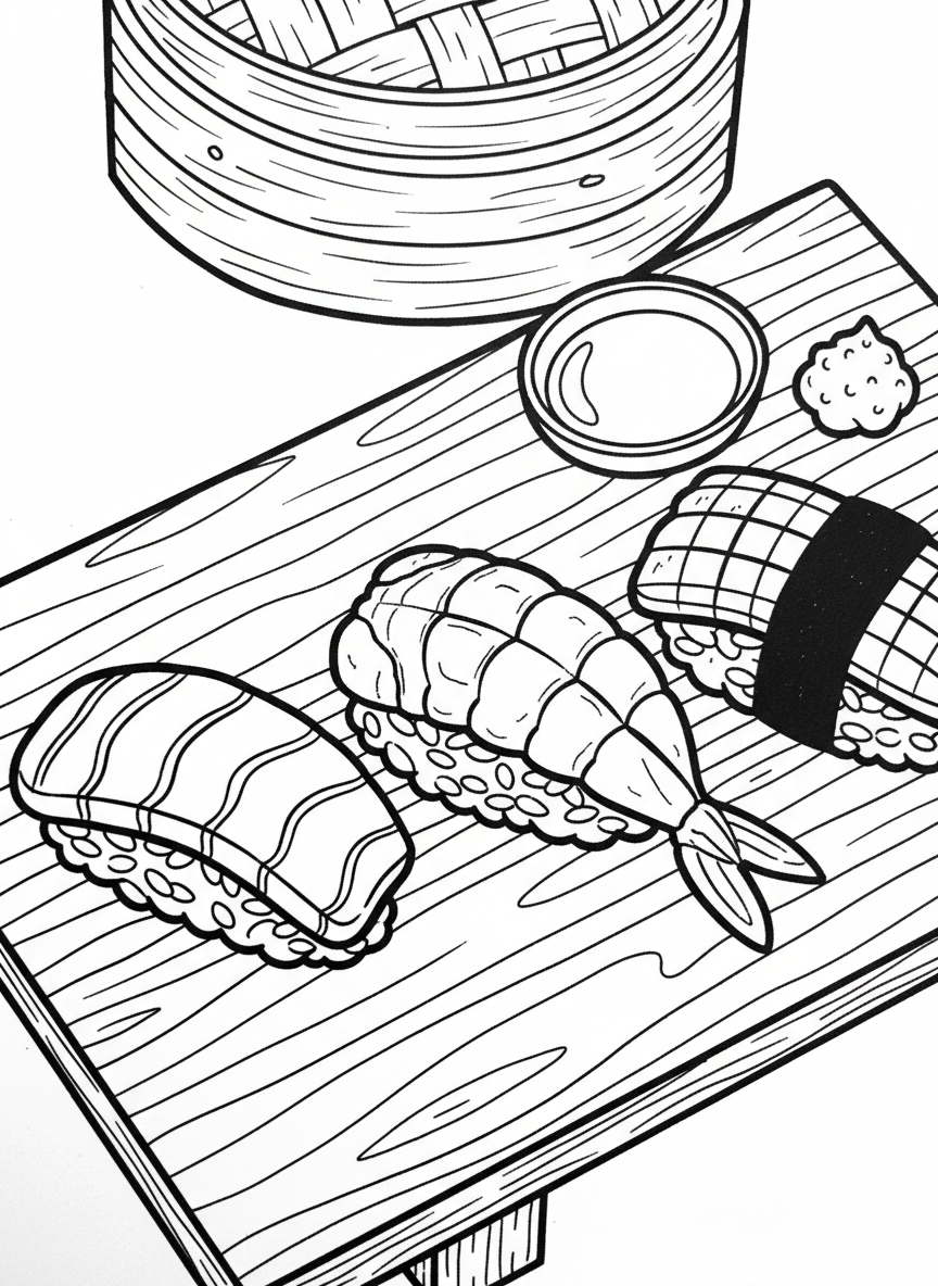 Three different nigiri sushi pieces lined up on a wooden board with a small dish of soy sauce and wasabi