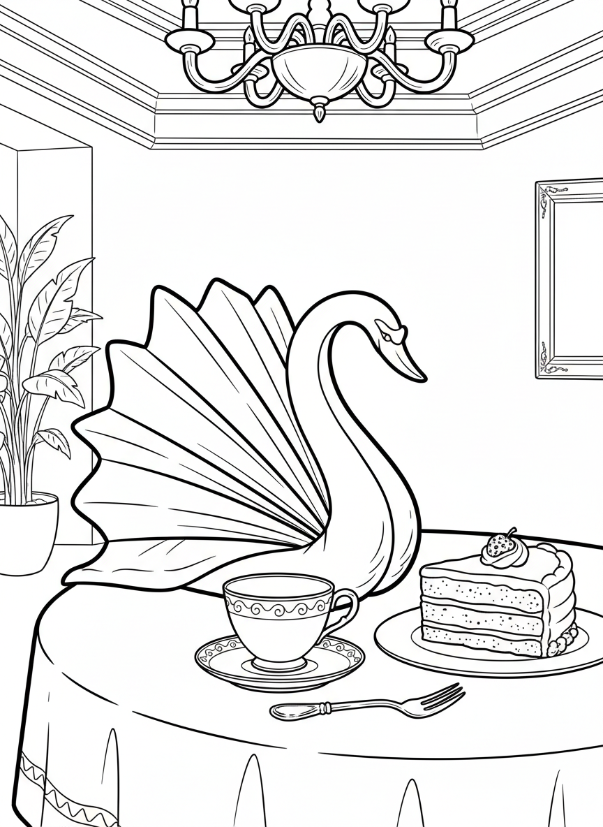 A fancy napkin folded like a swan next to an elegant place setting with a teacup, small fork, and a slice of decorated cake.