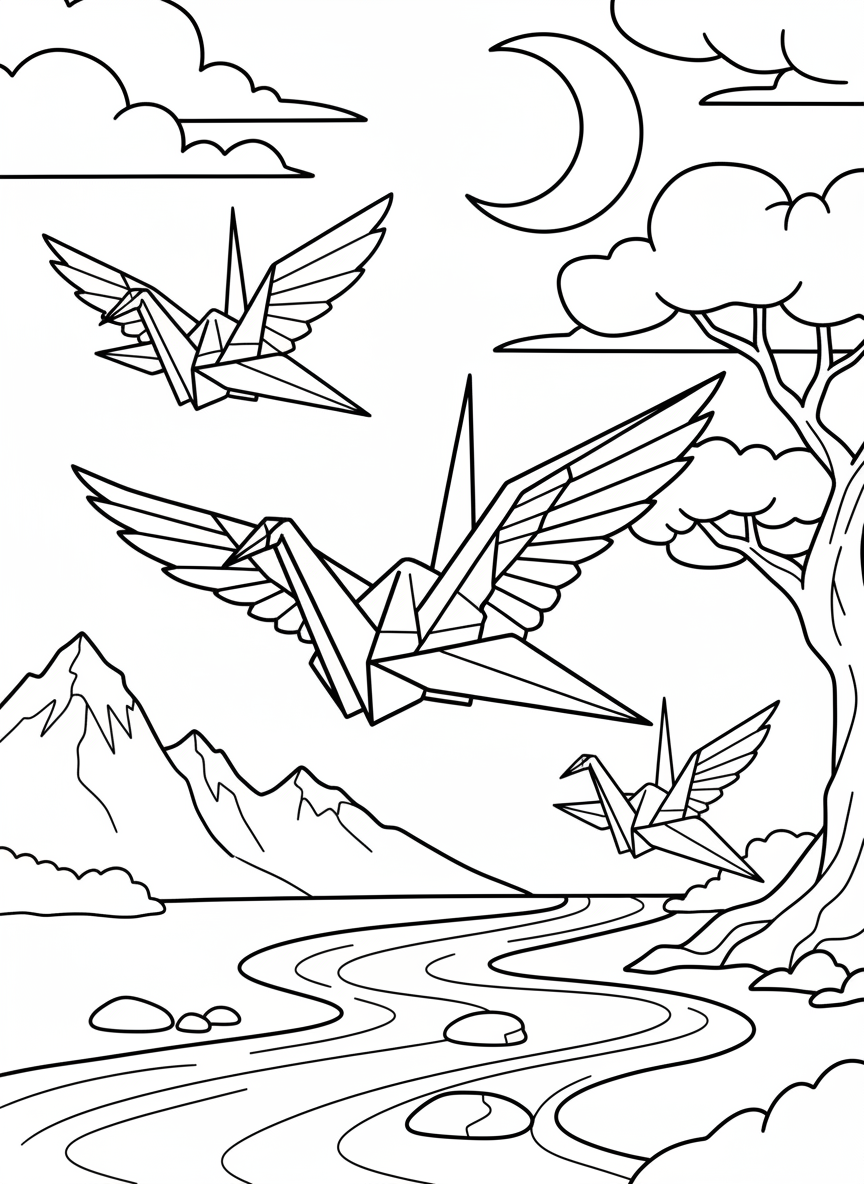 Three origami cranes in different sizes flying together across the page, each with outstretched wings showing clear fold lines and paper texture.