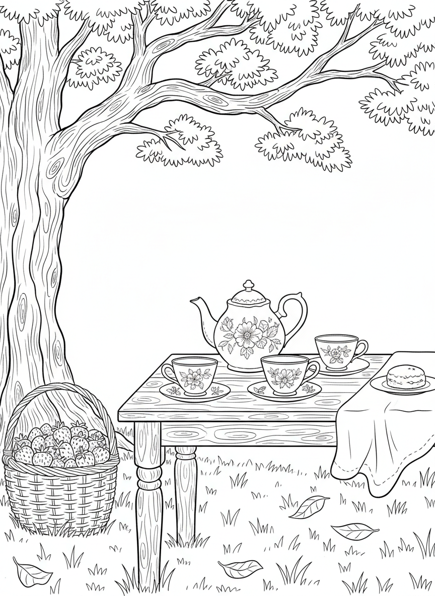 An outdoor tea party under a tree with a wooden table, vintage teapot, floral teacups, and a basket of fresh strawberries.