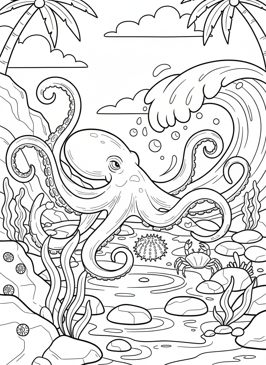 An octopus using its tentacles to explore a tide pool, reaching toward a crab and sea urchin, wide scene composition