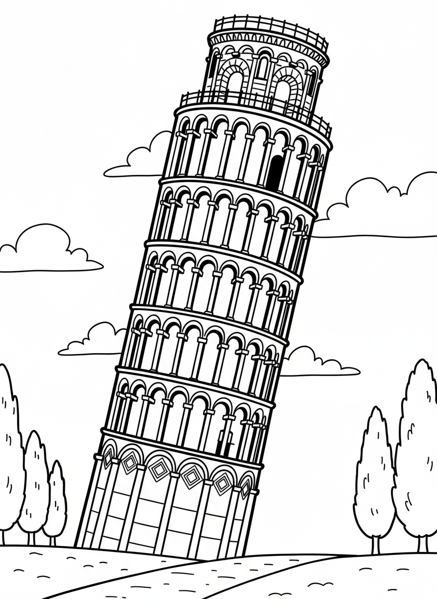 The Leaning Tower of Pisa tilted at an angle with arched windows and columns, simple background with a few clouds.