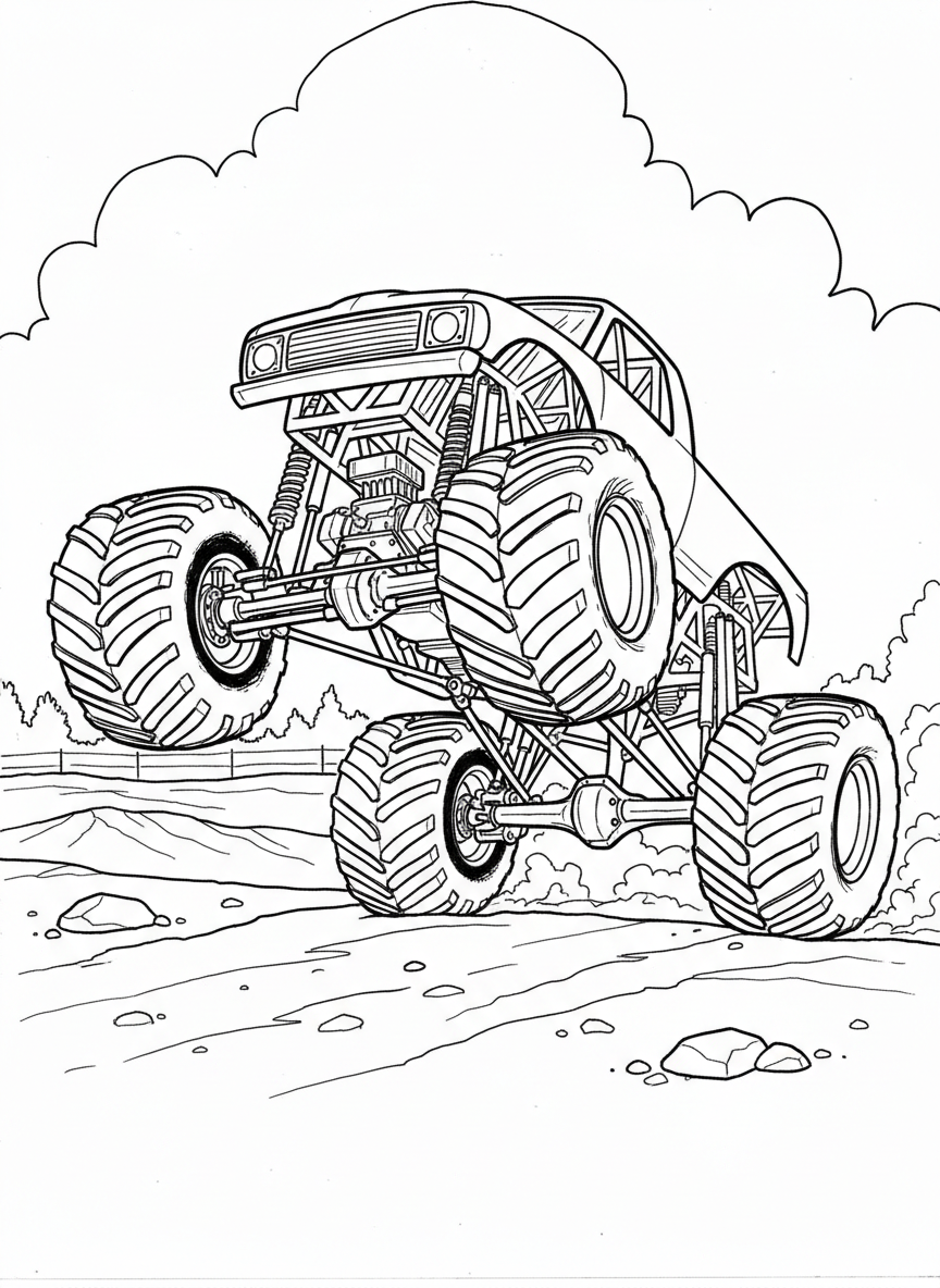 Monster truck performing a wheelie with front wheels high in the air, showing detailed suspension and undercarriage