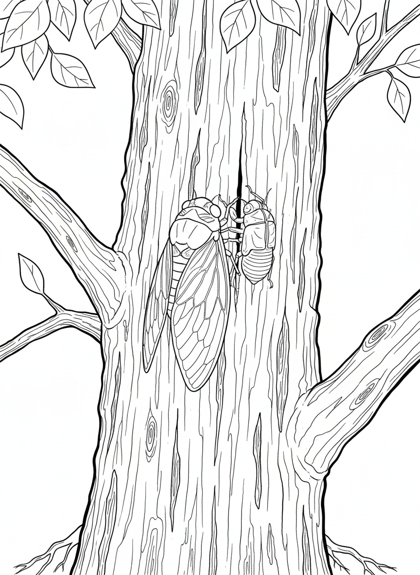 A cicada emerging from its shell on tree bark, showing the transformation process with detailed wing patterns.