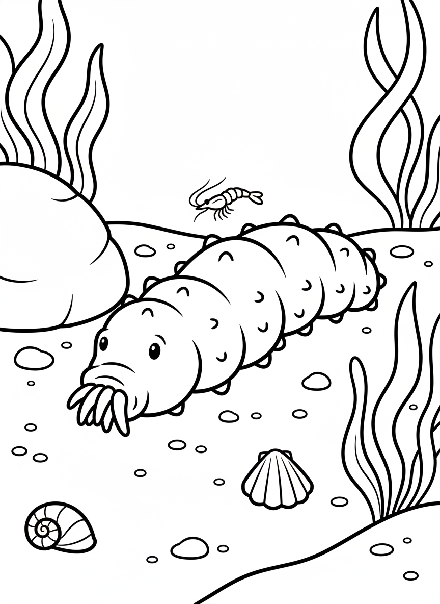 A friendly sea cucumber resting on the sandy bottom with small pebbles, shells, and a tiny shrimp nearby.