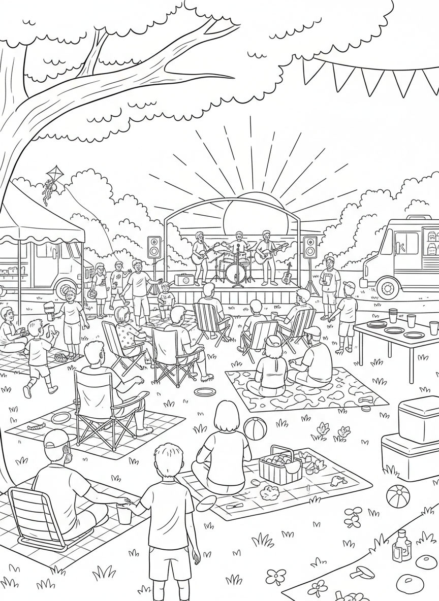 Labor Day coloring page prompts celebrating the close of summer, long-weekend relaxation, outdoor gatherings, and community spirit.	A community park filled with lawn chairs and blankets, a local band performing on a small stage while neighbors enjoy the final summer weekend.