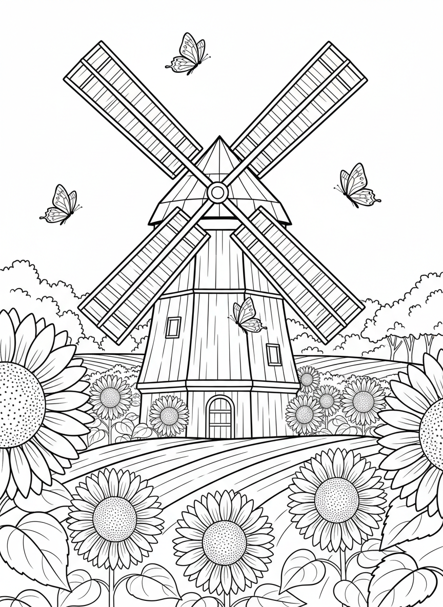 A windmill with its large wooden blades prominently featured, surrounded by sunflowers and butterflies flying around.