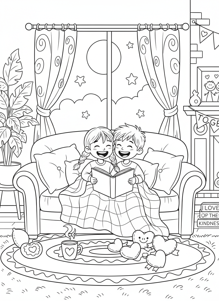 Valentines Day coloring page prompts celebrating love, connection, kindness, and heartfelt moments.	A cozy couch scene with blankets and shared laughter, love expressed through simple togetherness.