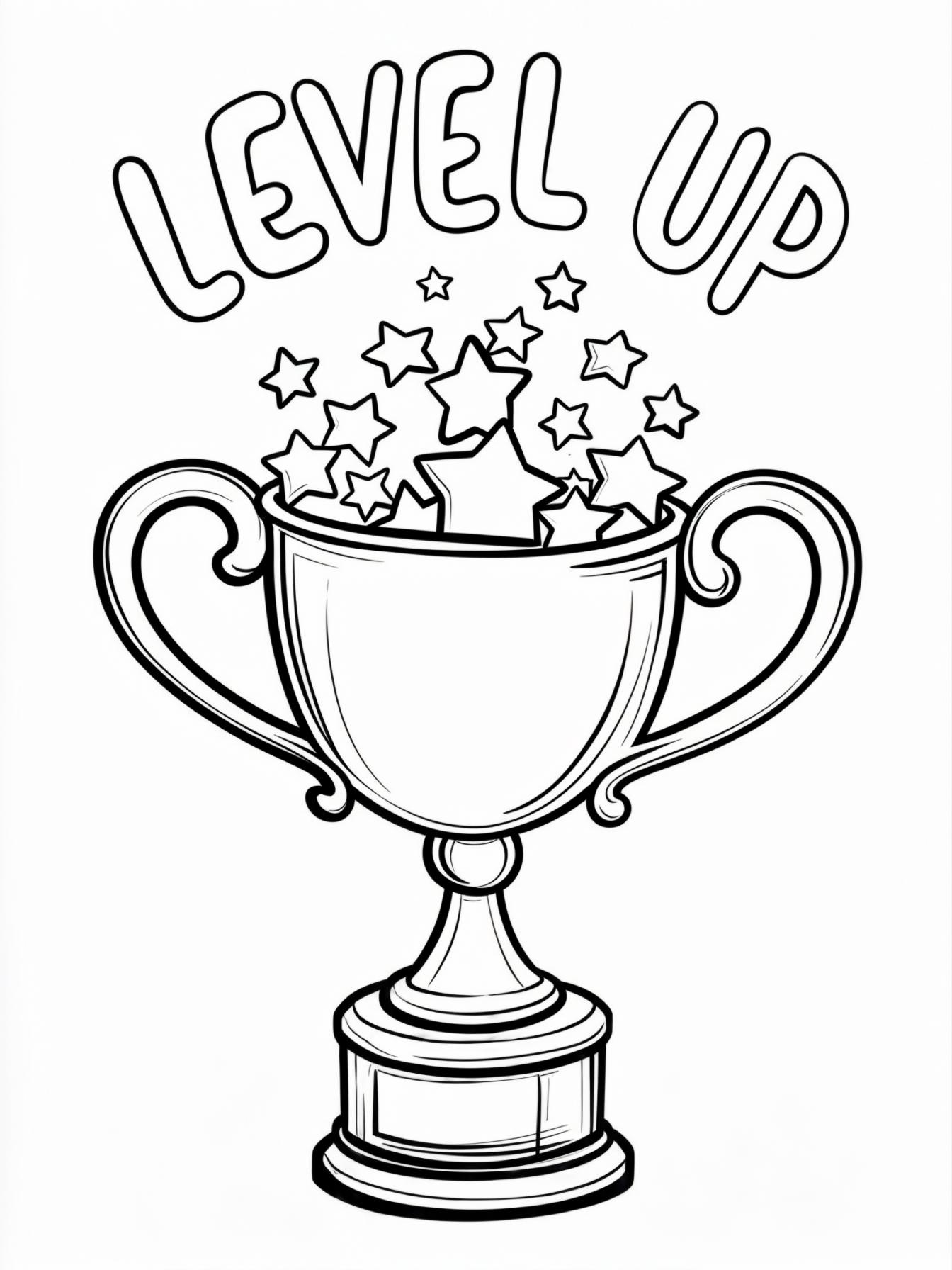 Level Complete: A trophy cup overflowing with stars, with the words "LEVEL UP" written in bubble letters above it