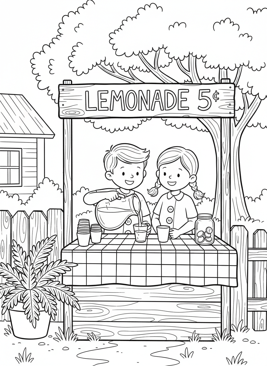 A lemonade stand run by children, with a handmade sign, pitcher of lemonade, cups, and a coin jar on a checkered tablecloth.
