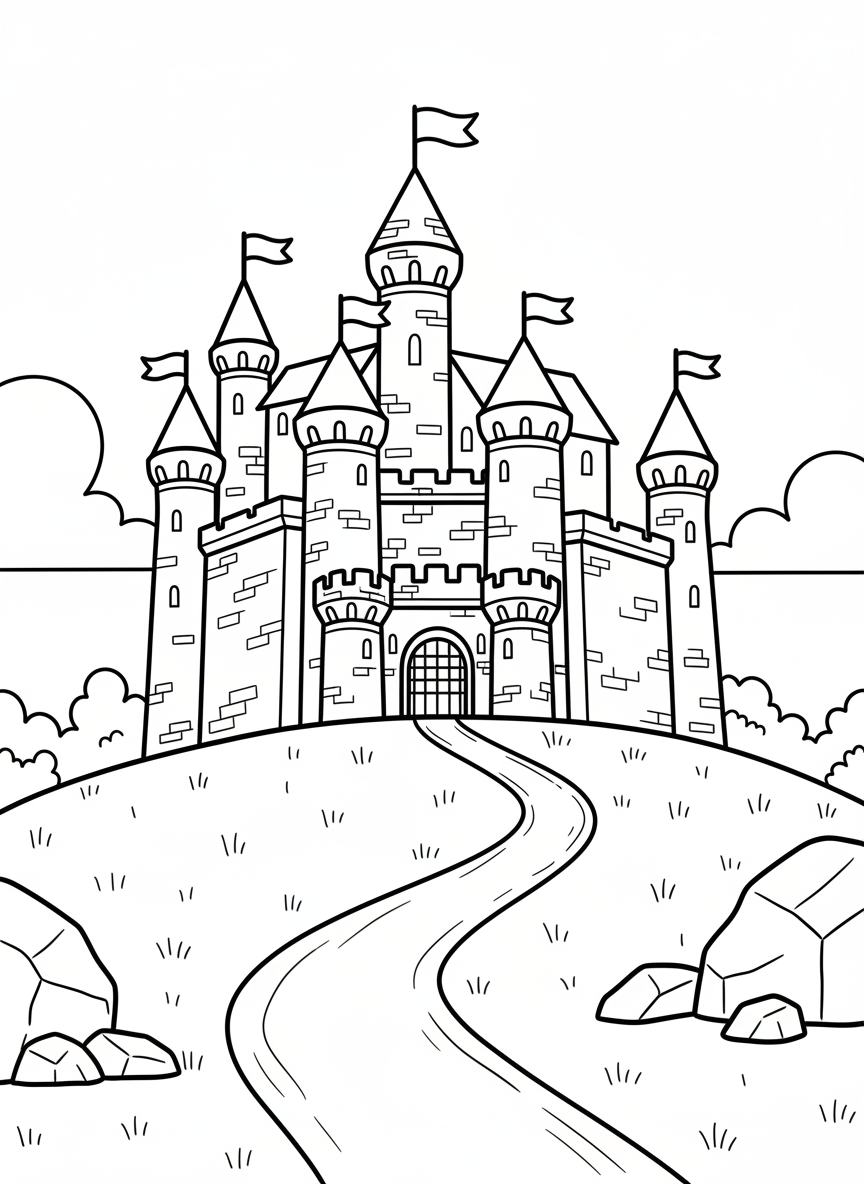 A tall castle with multiple towers and flags on top, sitting on a grassy hill with a winding path leading to the front gate.