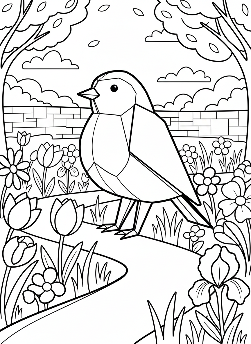 An origami robin with round belly and small beak, standing in a garden setting with flowers and grass around its feet.