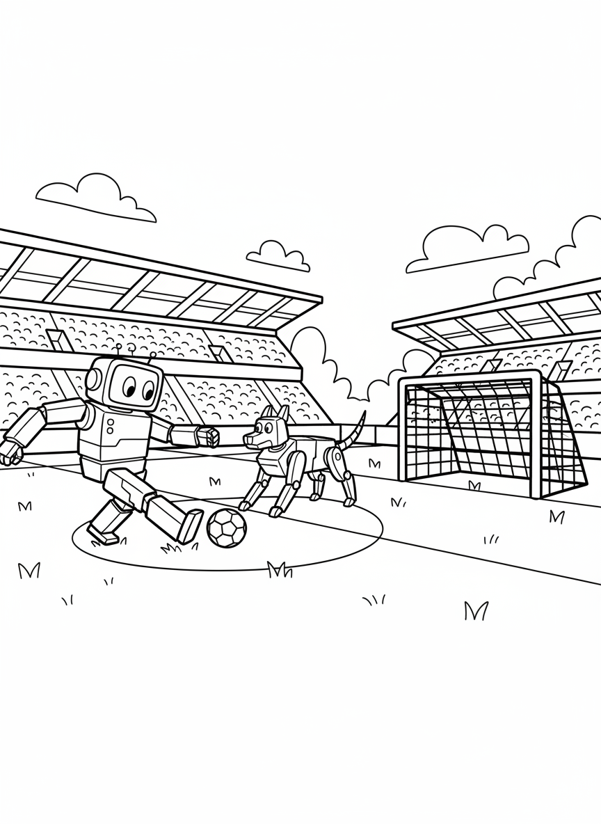 Two robots playing soccer on a field, one kicking a ball toward a goal with simple stadium background.
