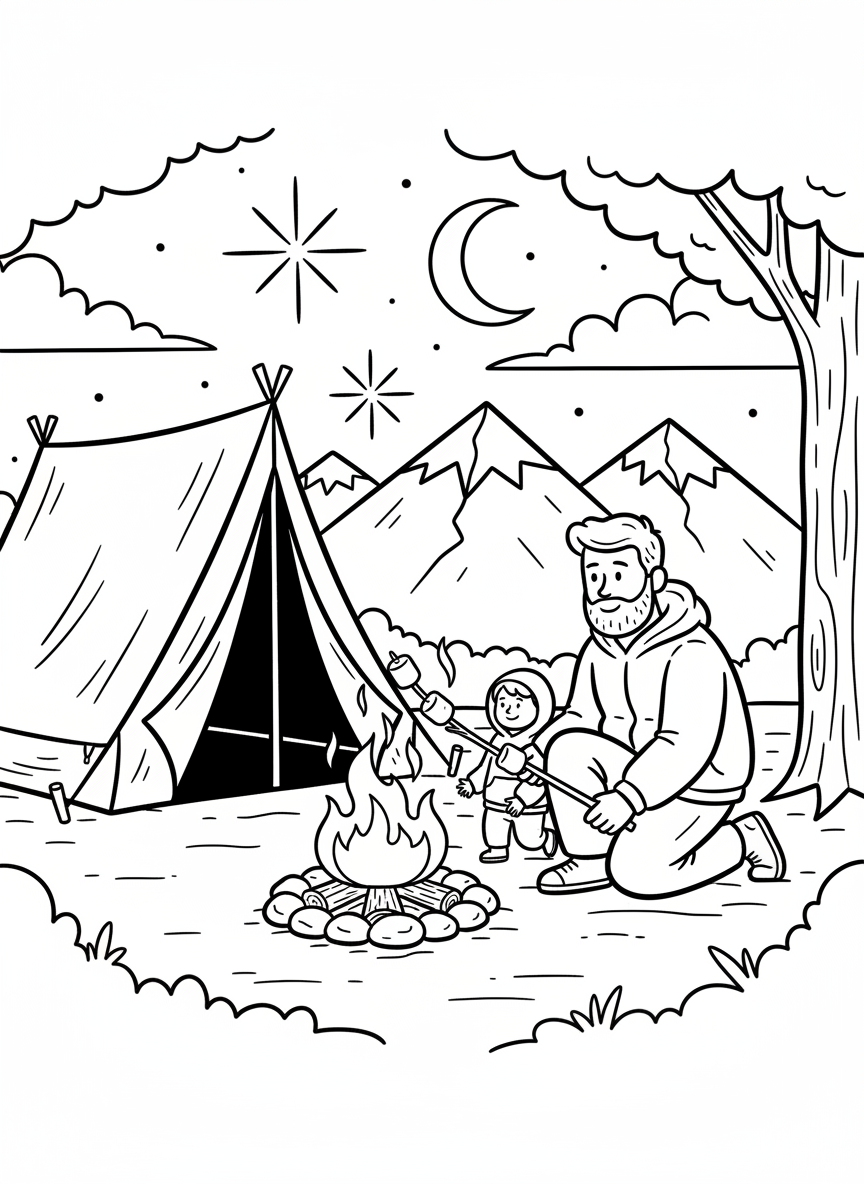 A father and child camping together with a tent, campfire, and marshmallows on sticks under a starry sky