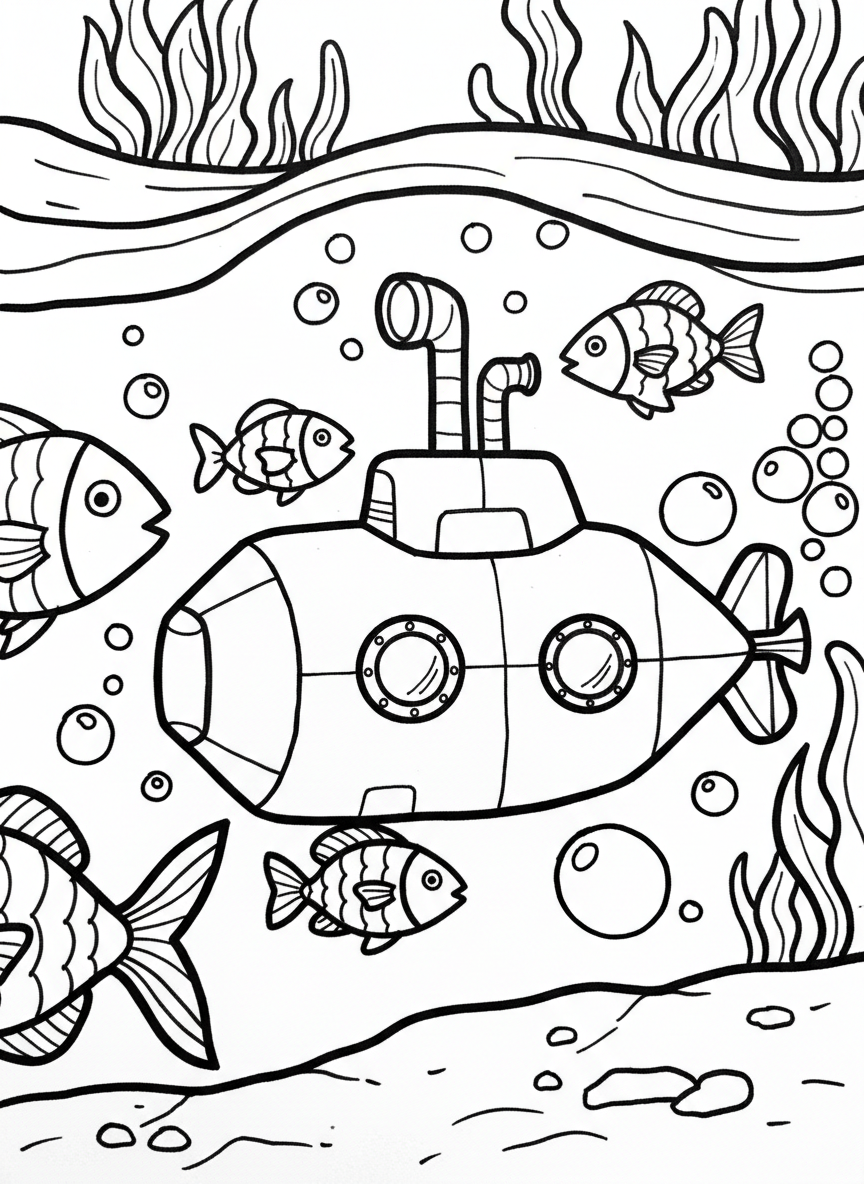 An origami submarine with periscope and porthole windows, underwater with fish and bubbles swimming around it.