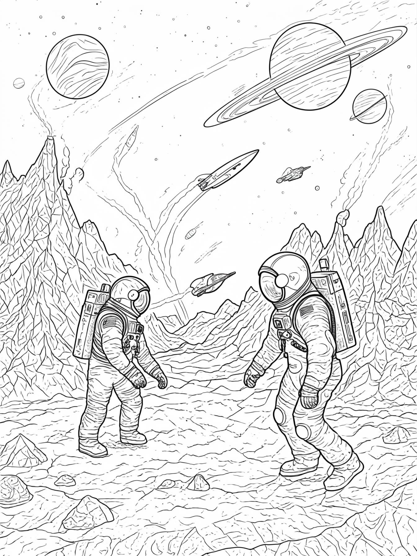 2 astronauts explore a rocky planet surface, with planets in the background and space ships floating by