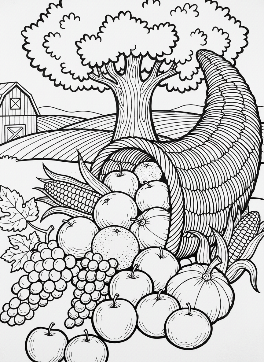 A large cornucopia overflowing with harvest fruits and vegetables including corn, apples, oranges, and grapes, celebrating abundance and unity.