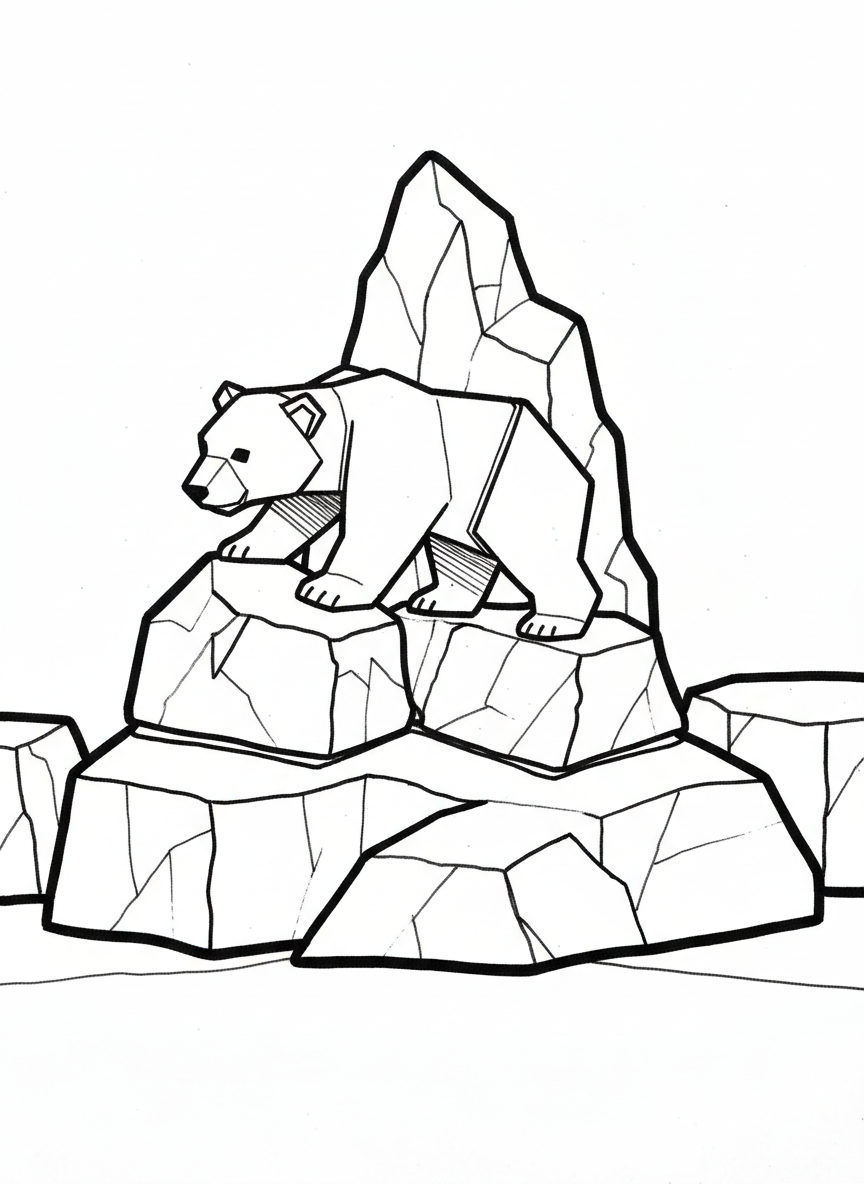An origami polar bear cub climbing on geometric ice blocks, cute small bear with simple folds, stacked angular shapes for environment