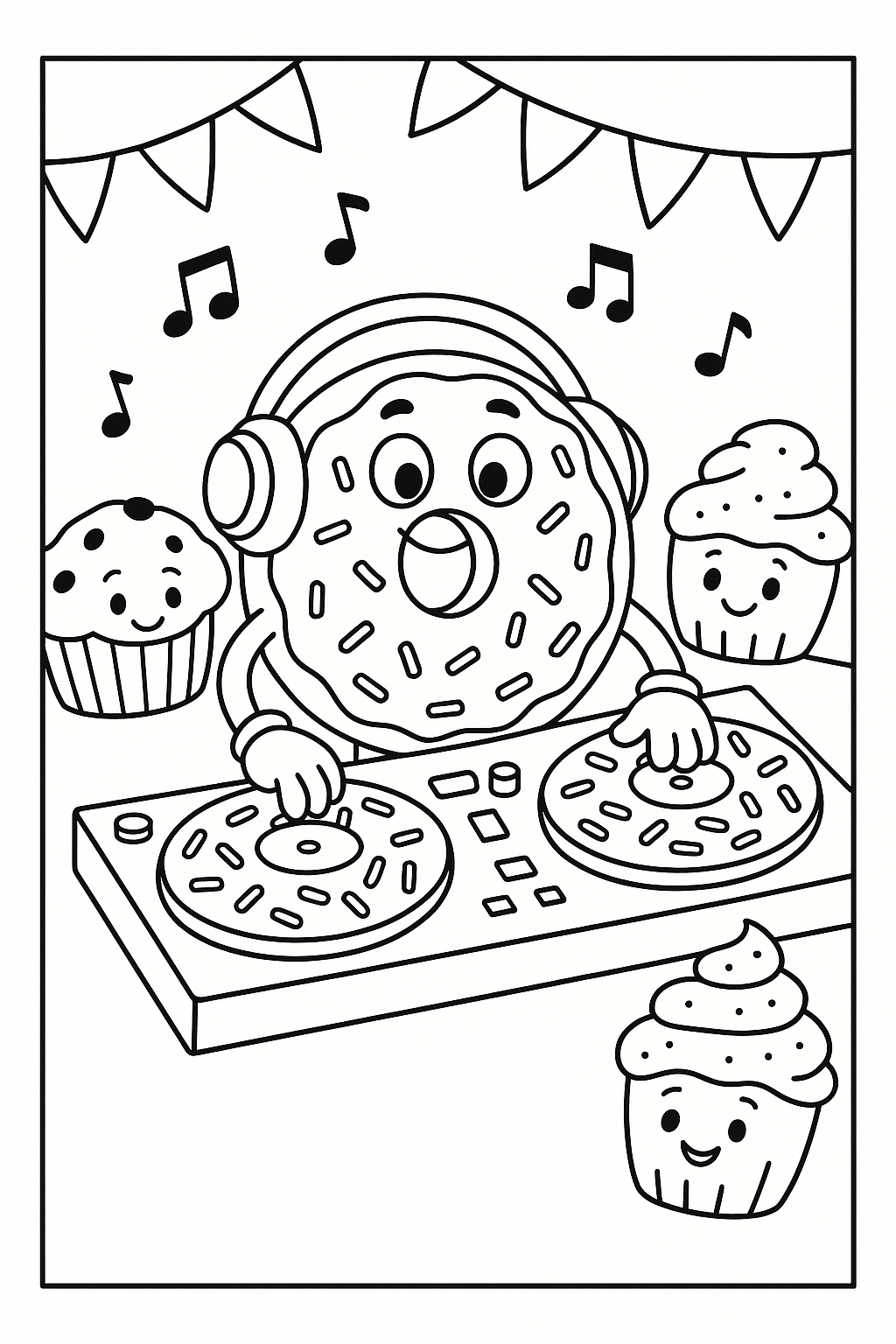 A donut DJ spinning sprinkle-covered records at a party for pastries.