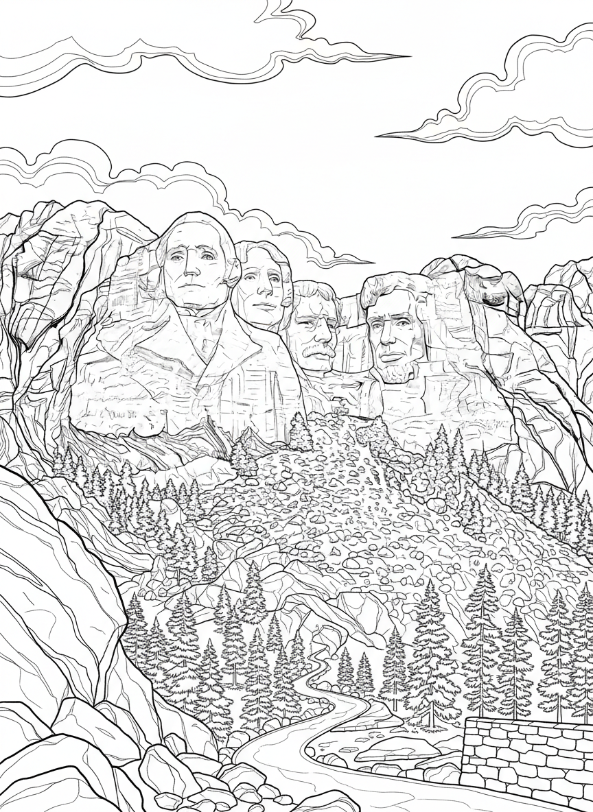 Mount Rushmore with the four presidents carved in stone, mountain landscape background, historical monument