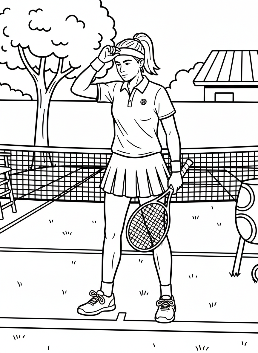 A tennis player adjusting their headband while holding a racket, standing on grass court ready to play.