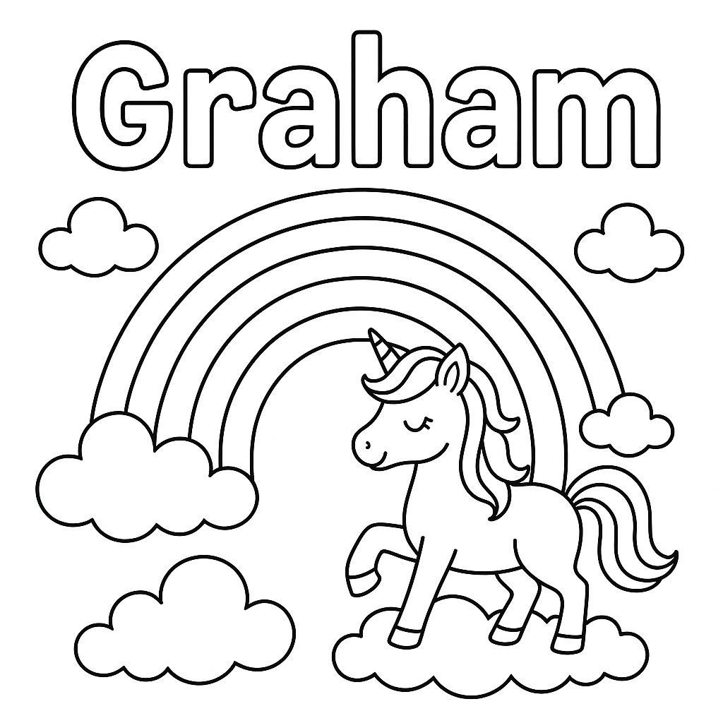 the name "Graham" written in the sky with a rainbow and unicorn in the background