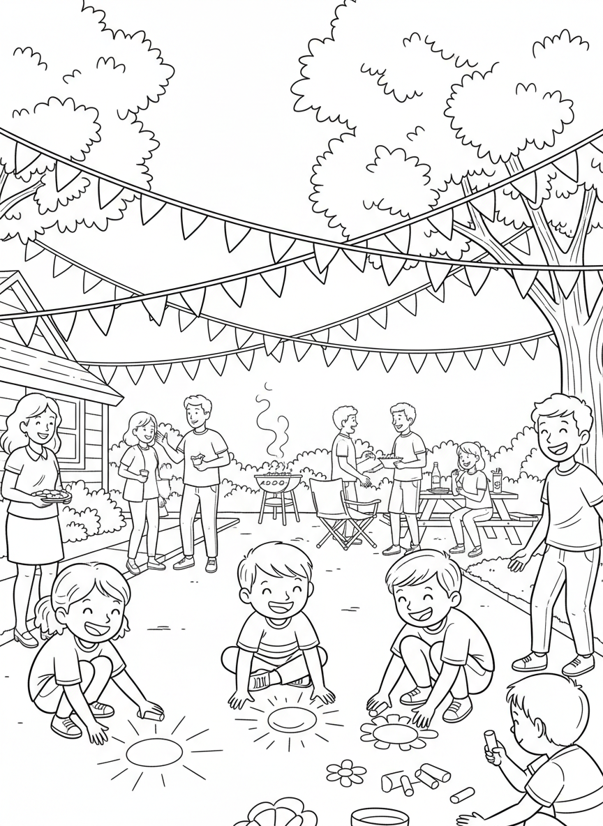 Labor Day coloring page prompts celebrating the close of summer, long-weekend relaxation, outdoor gatherings, and community spirit.	A neighborhood block party with bunting strung across the street, kids drawing with chalk on the pavement and adults chatting nearby.