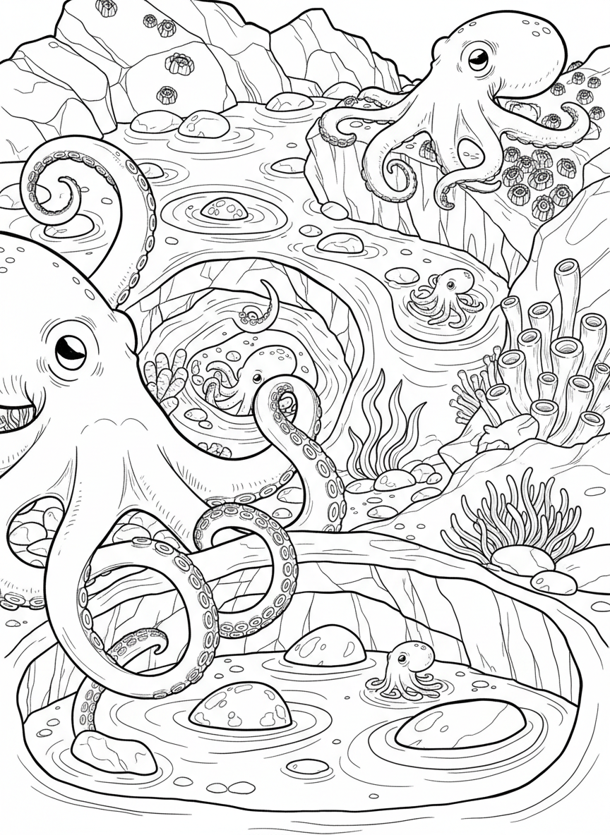 An octopus garden scene with multiple octopuses of different sizes exploring various tide pool nooks and crannies
