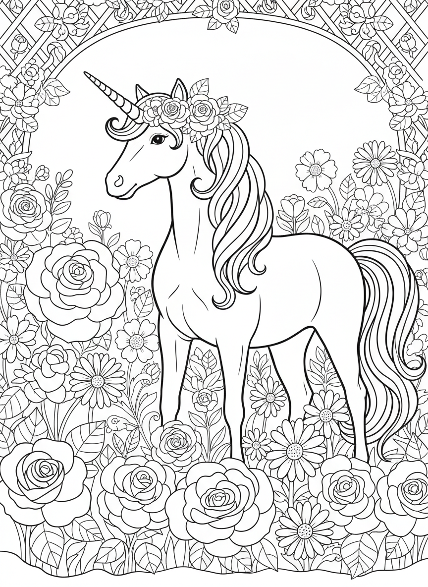 A unicorn wearing a flower crown, standing in a garden full of roses and daisies, spring theme