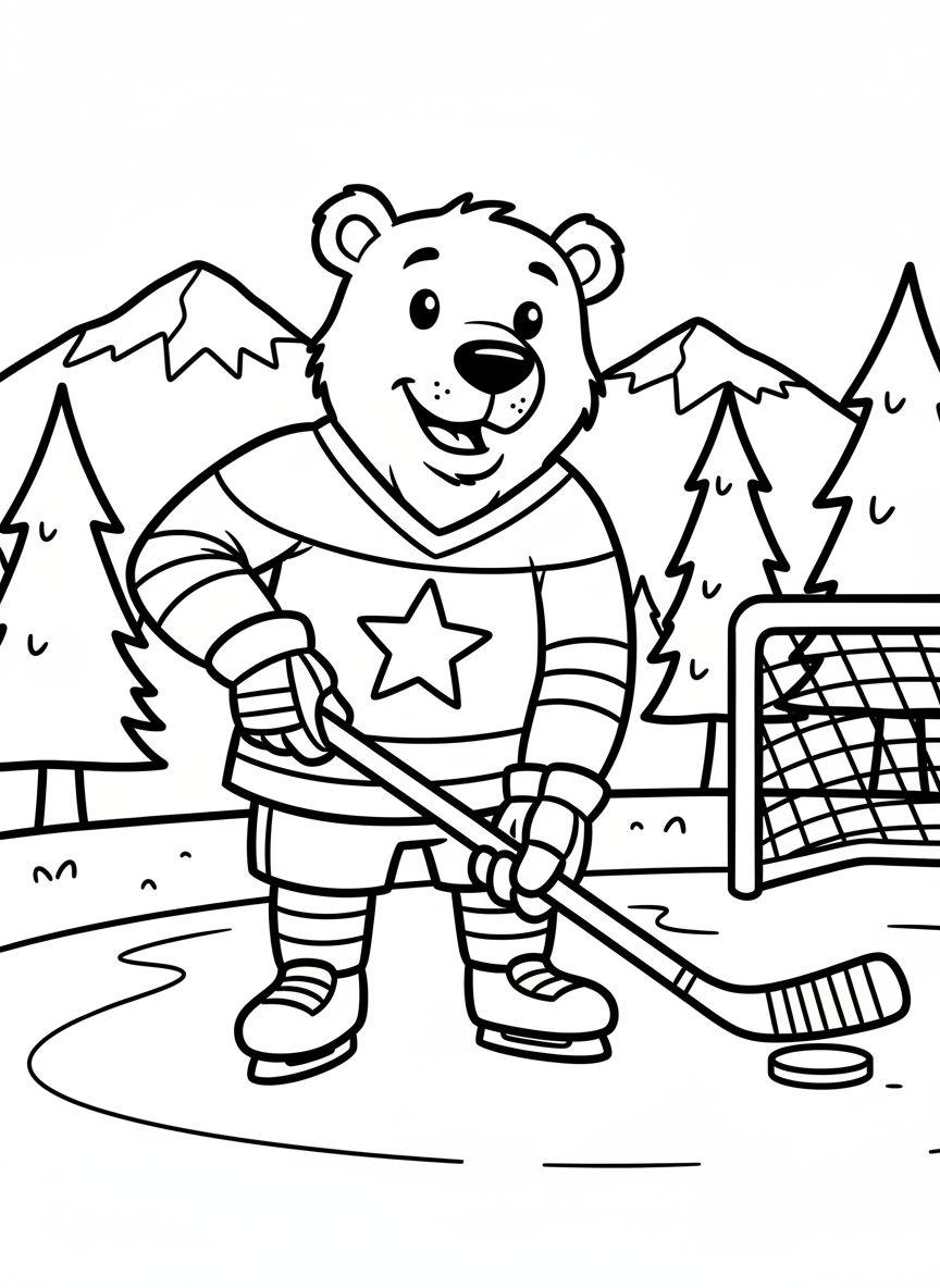 A friendly ice hockey mascot character wearing a jersey and holding a hockey stick, fun cartoon style