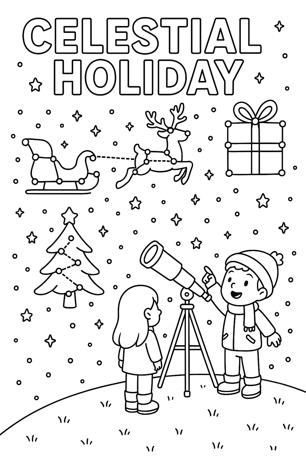 Night sky with Christmas constellations, Santa's sleigh stars, reindeer patterns, gift box galaxies, tree nebula, children stargazing, thick outlines, celestial holiday