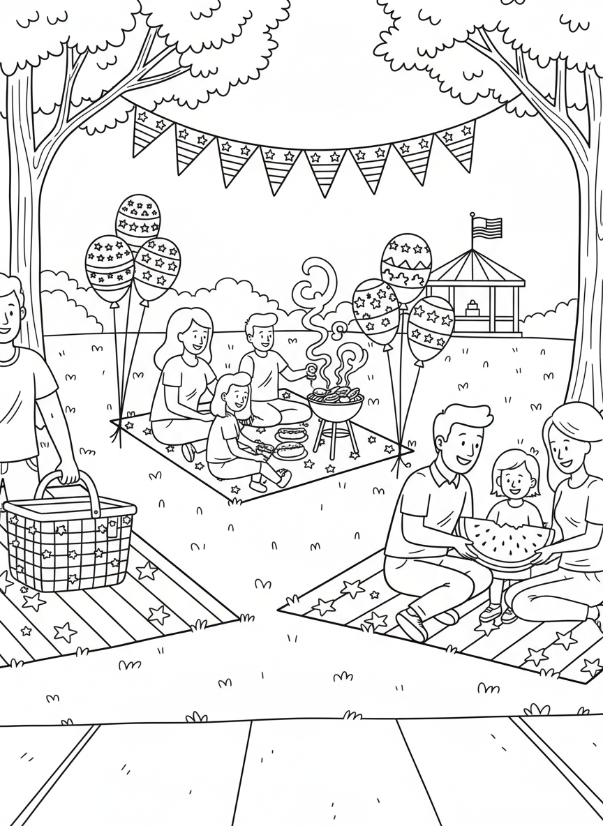 Fourth of July Picnic coloring page prompts capturing summer gatherings, patriotic colors, and relaxed outdoor celebrations.	A sunny park picnic on the Fourth of July with blankets spread across the grass, red white and blue decorations visible as families gather to enjoy food and conversation together.