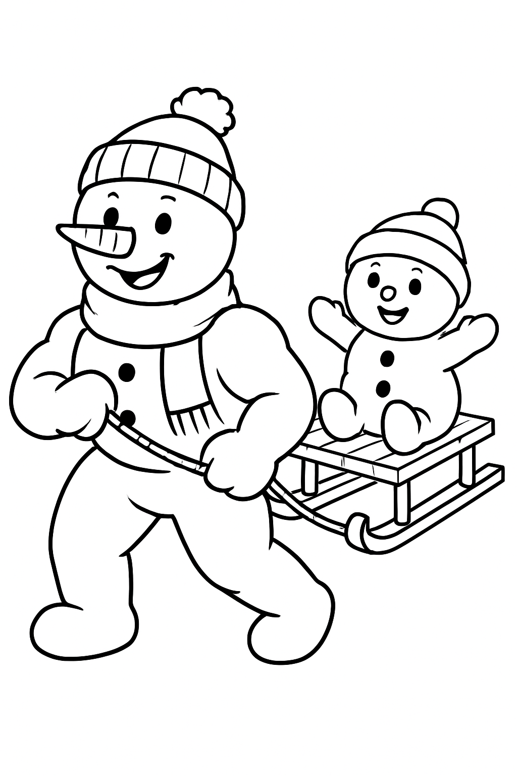 A strong snowman pulling a wooden sled with a small snow-kid sitting on it, both smiling.