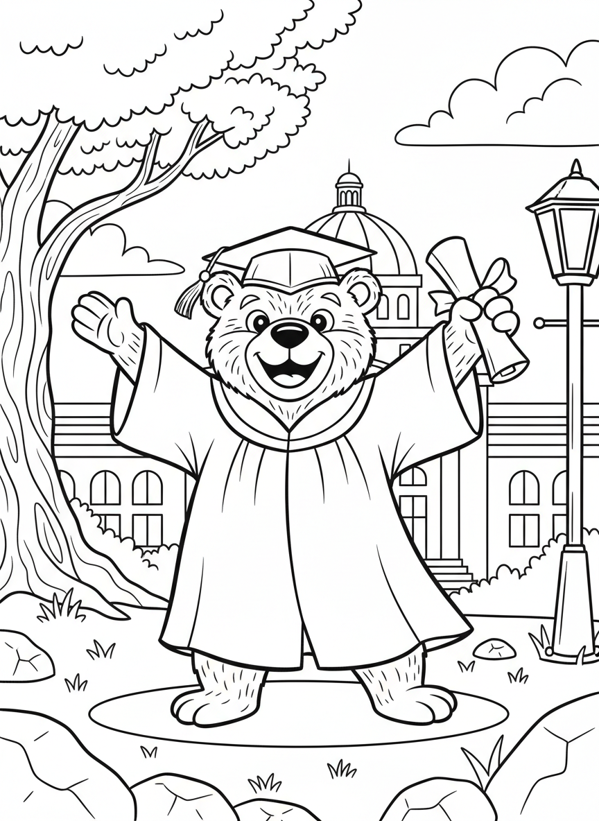 A smiling graduate bear wearing a cap and gown, holding a diploma scroll tied with a ribbon, standing proudly with arms outstretched.