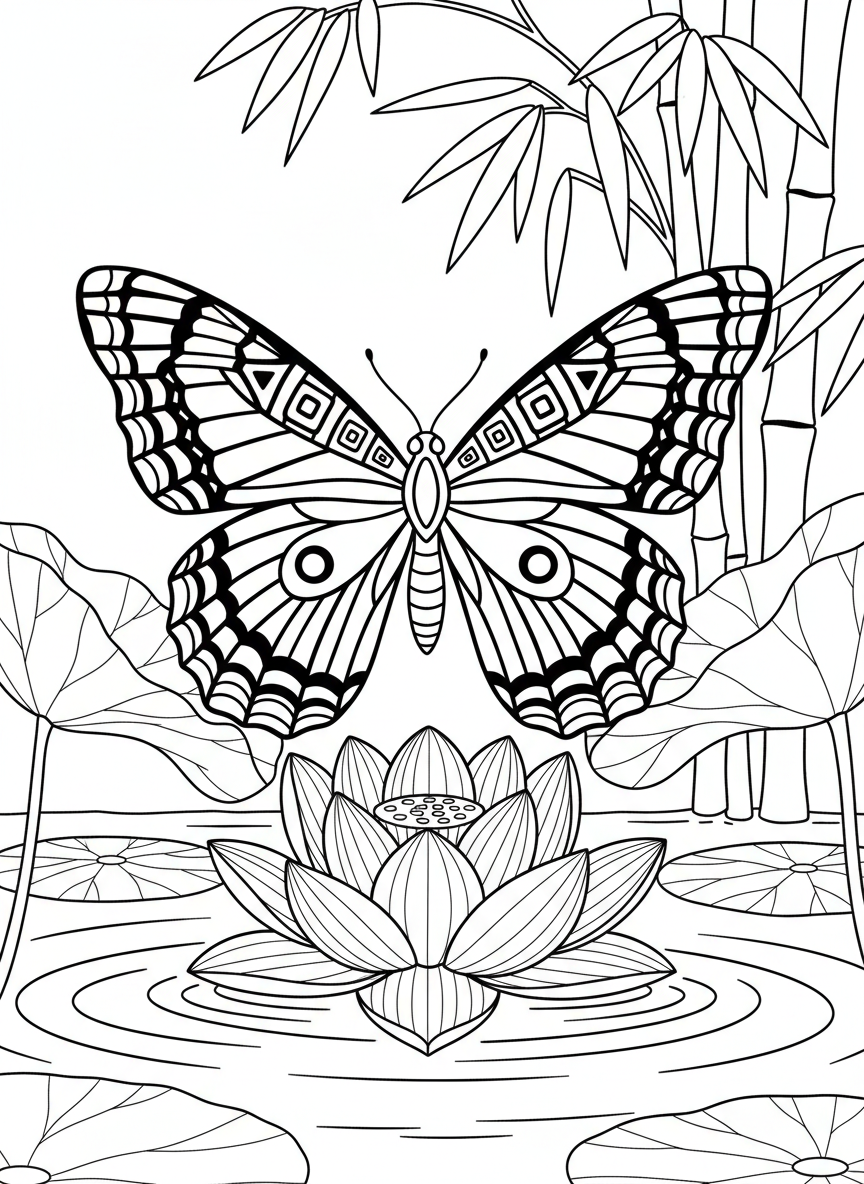 Symmetrical butterfly with geometric patterns on wings hovering above a lotus flower in a peaceful pond setting.