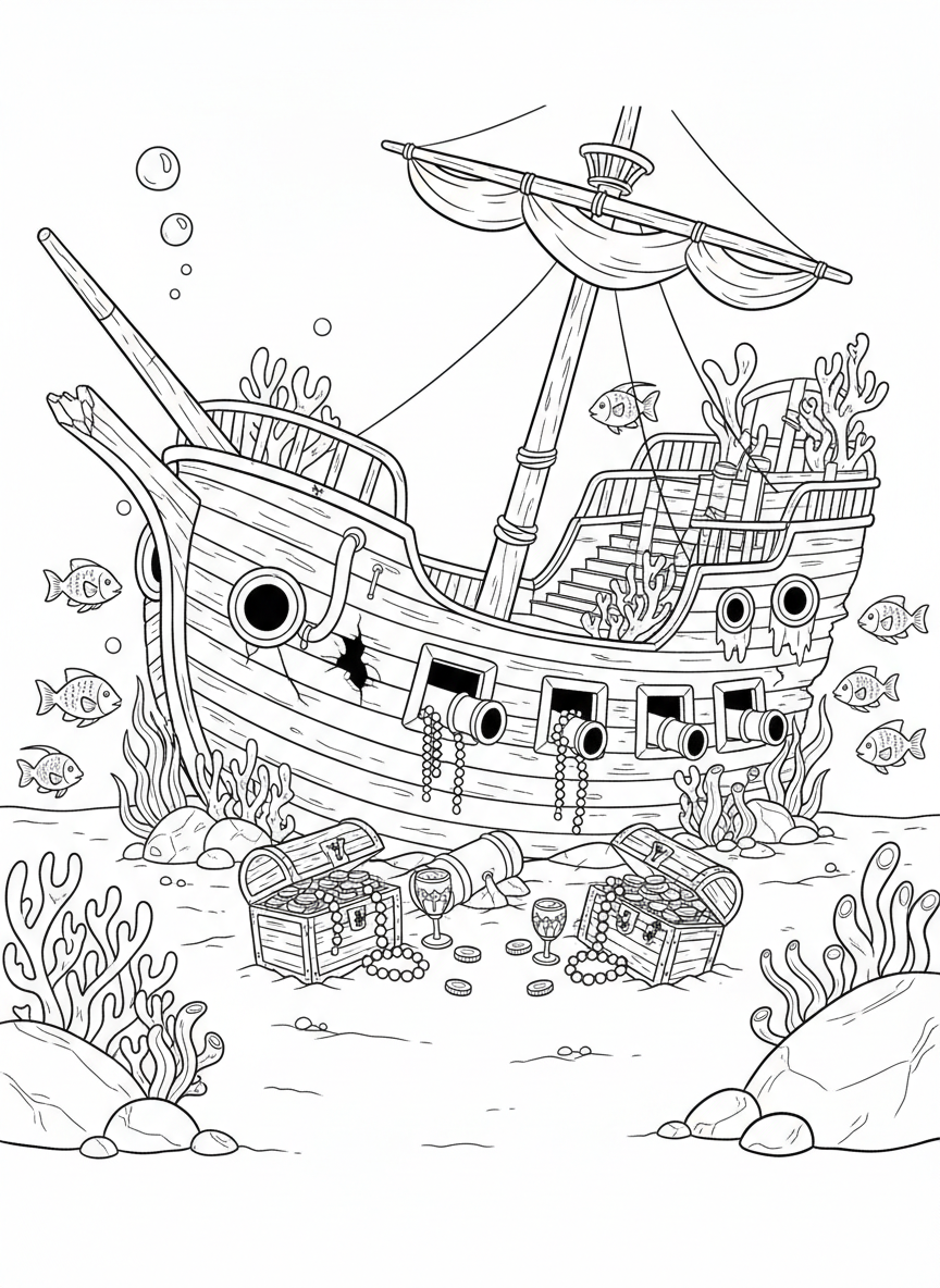 An underwater scene showing a sunken pirate ship with fish swimming around, treasure spilling from broken chests, and coral decorations