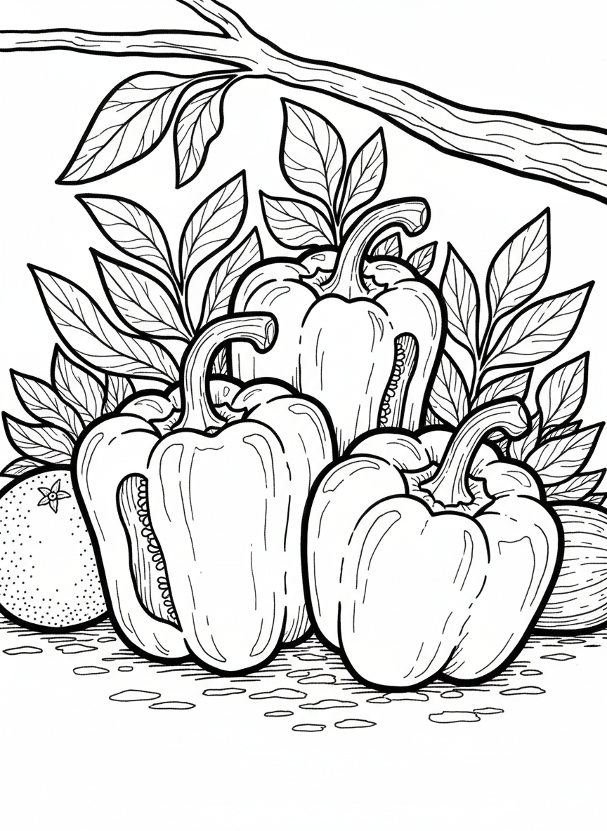 Three bell peppers of different shapes arranged together, showing their stems and natural curves, medium difficulty level