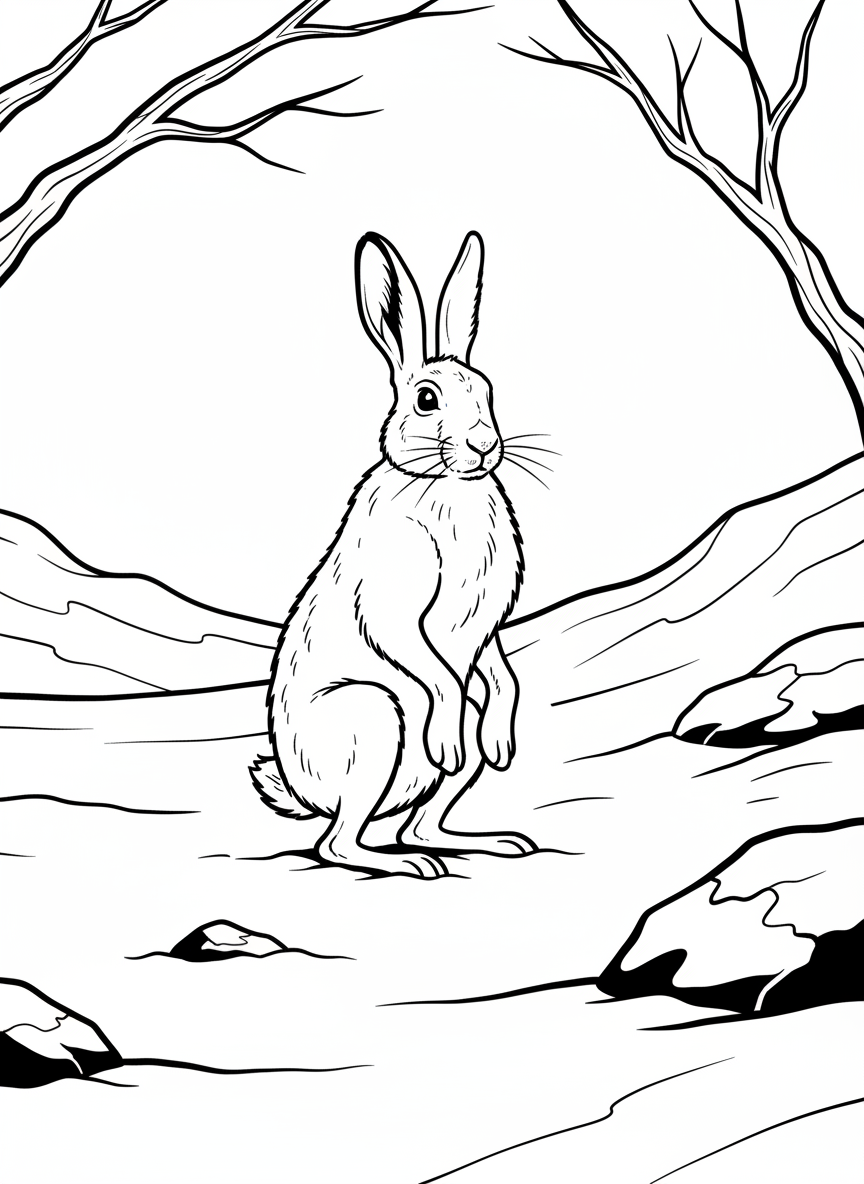 An Arctic hare standing upright on its hind legs in the snow, with long ears and fluffy winter coat