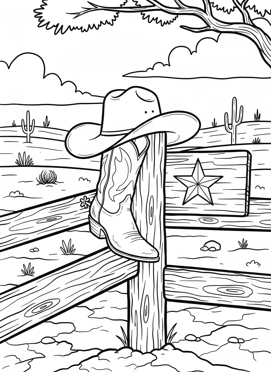 A cowboy boot and hat resting on a wooden fence post with a Texas star, simple western-themed composition